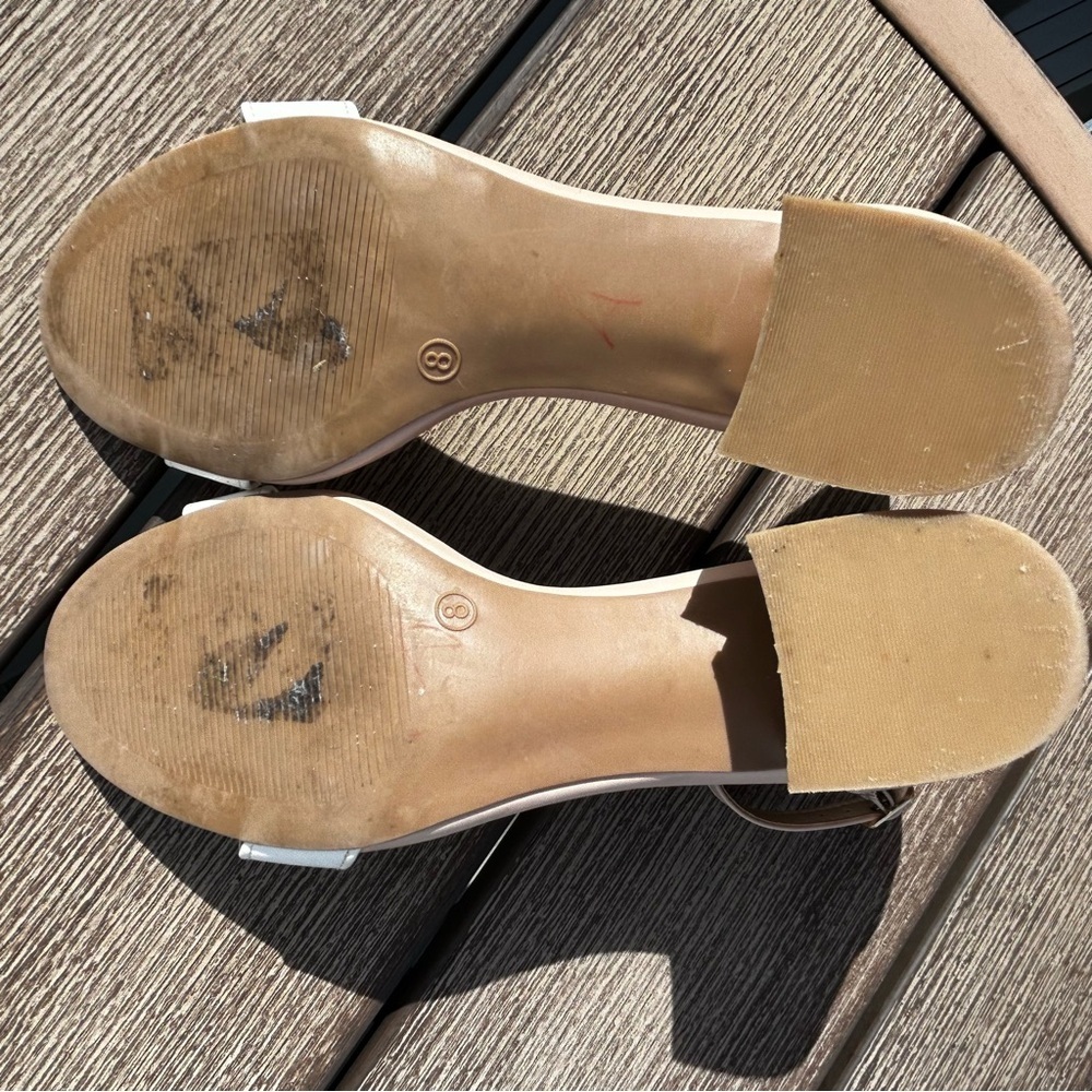 Lulus Harper Beige Block Heel Sandals White Toe Strap Size 8 - Picture 8 of 14